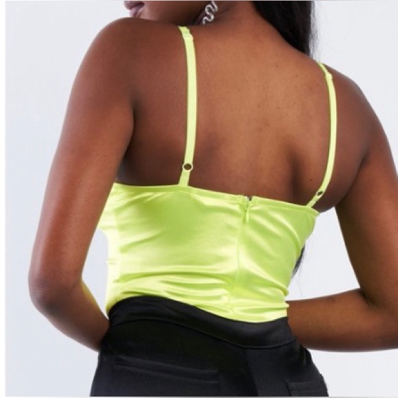 FAUX SILK NEON GREEN BODY SUIT CUT OUT CENTER - Picture 2 of 4